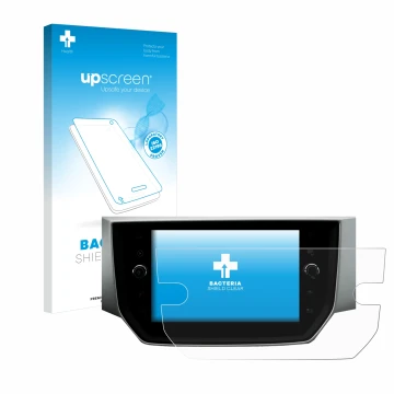 Parte frontal de un envase de producto con el logotipo de la marca upscreen. Al lado se muestra el dispositivo Seat Ibiza Medi