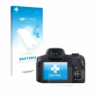 Parte frontal de un envase de producto con el logotipo de la marca upscreen. Al lado se muestra el dispositivo Canon PowerShot