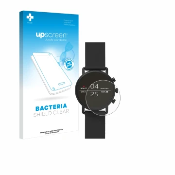 Parte frontal de un envase de producto con el logotipo de la marca upscreen. Al lado se muestra el dispositivo Skagen Smartwat