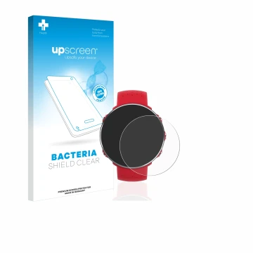 Parte frontal de un envase de producto con el logotipo de la marca upscreen. Al lado se muestra el dispositivo Polar Vantage M