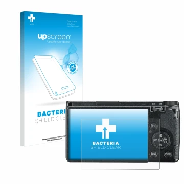Parte frontal de un envase de producto con el logotipo de la marca upscreen. Al lado se muestra el dispositivo Ricoh GR III 20