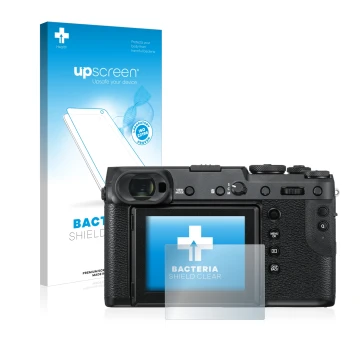 Parte frontal de un envase de producto con el logotipo de la marca upscreen. Al lado se muestra el dispositivo Fujifilm GFX 50