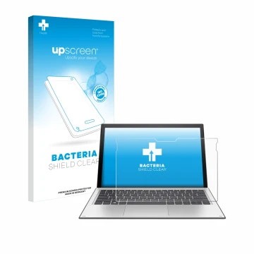 Parte frontal de un envase de producto con el logotipo de la marca upscreen. Al lado se muestra el dispositivo HP Elite x2 101