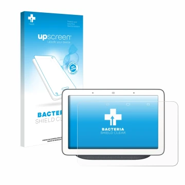 Parte frontal de un envase de producto con el logotipo de la marca upscreen. Al lado se muestra el dispositivo Google Home Hub