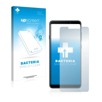 Parte frontal de un envase de producto con el logotipo de la marca upscreen. Al lado se muestra el dispositivo Samsung Galaxy 