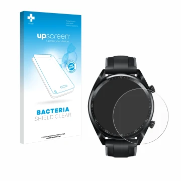 Parte frontal de un envase de producto con el logotipo de la marca upscreen. Al lado se muestra el dispositivo Huawei Watch GT