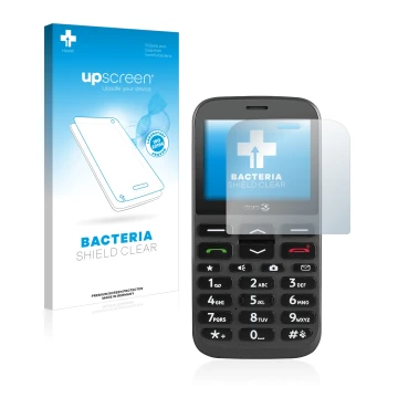 Parte frontal de un envase de producto con el logotipo de la marca upscreen. Al lado se muestra el dispositivo Doro 1370 con s