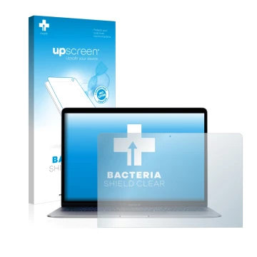Parte frontal de un envase de producto con el logotipo de la marca upscreen. Al lado se muestra el dispositivo Apple MacBook A