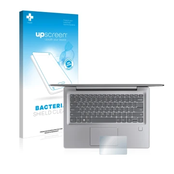 Parte frontal de un envase de producto con el logotipo de la marca upscreen. Al lado se muestra el dispositivo Lenovo IdeaPad 