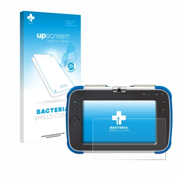 Parte frontal de un envase de producto con el logotipo de la marca upscreen. Al lado se muestra el dispositivo Vtech Storio Ma