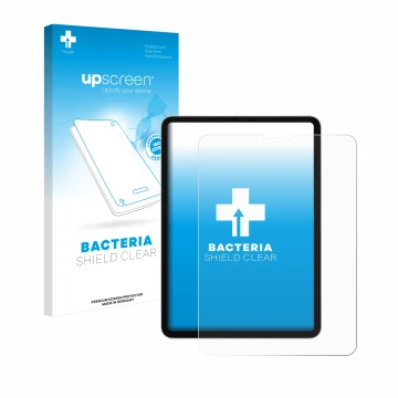 Parte frontal de un envase de producto con el logotipo de la marca upscreen. Al lado se muestra el dispositivo Apple iPad Pro 