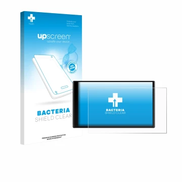 Parte frontal de un envase de producto con el logotipo de la marca upscreen. Al lado se muestra el dispositivo Garmin DriveTra