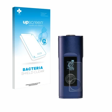 Parte frontal de un envase de producto con el logotipo de la marca upscreen. Al lado se muestra el dispositivo Arizer Solo 2 c