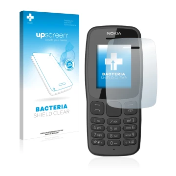Parte frontal de un envase de producto con el logotipo de la marca upscreen. Al lado se muestra el dispositivo Nokia 106 2018 