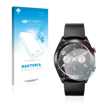 Parte frontal de un envase de producto con el logotipo de la marca upscreen. Al lado se muestra el dispositivo Honor Watch Mag