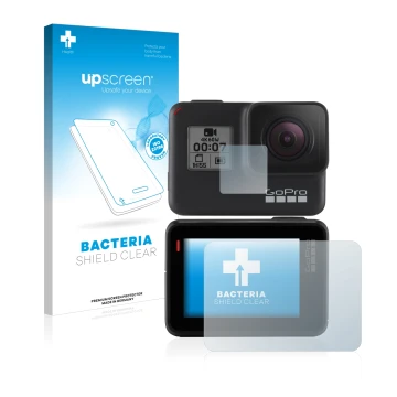 Parte frontal de un envase de producto con el logotipo de la marca upscreen. Al lado se muestra el dispositivo GoPro Hero 7 Bl