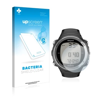 Parte frontal de un envase de producto con el logotipo de la marca upscreen. Al lado se muestra el dispositivo Suunto D4F con 