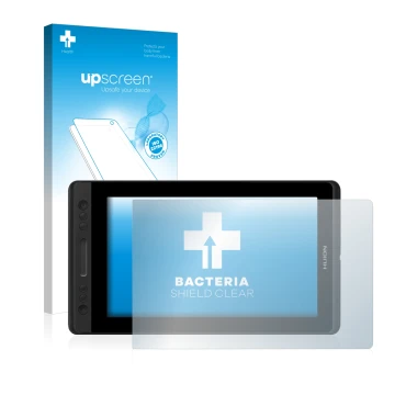 Parte frontal de un envase de producto con el logotipo de la marca upscreen. Al lado se muestra el dispositivo Huion Kamvas Pr