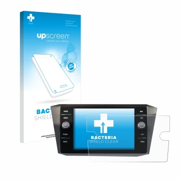 Parte frontal de un envase de producto con el logotipo de la marca upscreen. Al lado se muestra el dispositivo Volkswagen Tigu