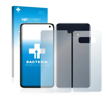 Parte frontal de un envase de producto con el logotipo de la marca upscreen. Al lado se muestra el dispositivo Samsung Galaxy 