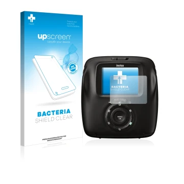 Parte frontal de un envase de producto con el logotipo de la marca upscreen. Al lado se muestra el dispositivo Fujifilm Instax