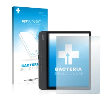 Parte frontal de un envase de producto con el logotipo de la marca upscreen. Al lado se muestra el dispositivo Kobo Forma con 