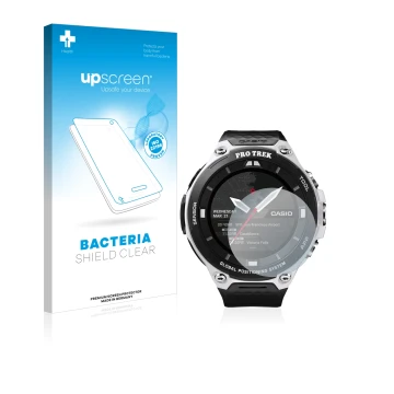 Parte frontal de un envase de producto con el logotipo de la marca upscreen. Al lado se muestra el dispositivo Casio Pro Trek 