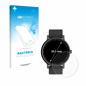 Parte frontal de un envase de producto con el logotipo de la marca upscreen. Al lado se muestra el dispositivo Circular Displa