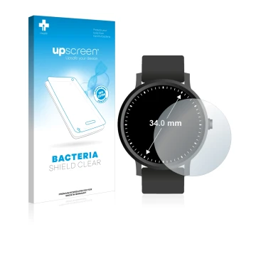 Parte frontal de un envase de producto con el logotipo de la marca upscreen. Al lado se muestra el dispositivo Circular Displa