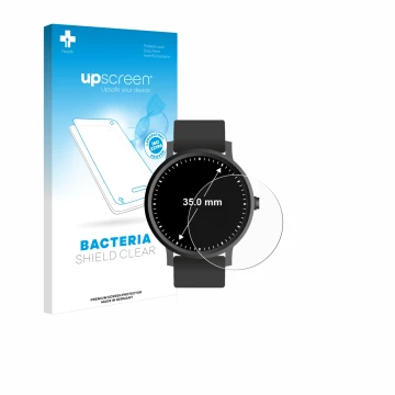 Parte frontal de un envase de producto con el logotipo de la marca upscreen. Al lado se muestra el dispositivo Circular Displa