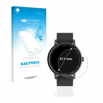 Parte frontal de un envase de producto con el logotipo de la marca upscreen. Al lado se muestra el dispositivo Circular Displa