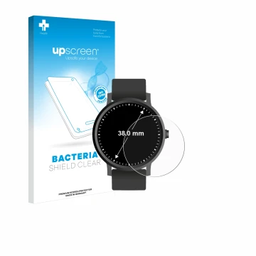 Parte frontal de un envase de producto con el logotipo de la marca upscreen. Al lado se muestra el dispositivo Circular Displa