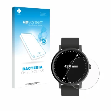 Parte frontal de un envase de producto con el logotipo de la marca upscreen. Al lado se muestra el dispositivo Circular Displa