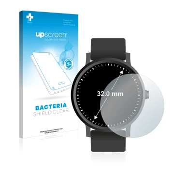 Parte frontal de un envase de producto con el logotipo de la marca upscreen. Al lado se muestra el dispositivo Circular Displa