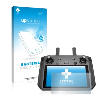 Parte frontal de un envase de producto con el logotipo de la marca upscreen. Al lado se muestra el dispositivo DJI Smart Contr