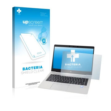 Parte frontal de un envase de producto con el logotipo de la marca upscreen. Al lado se muestra el dispositivo HP EliteBook 83