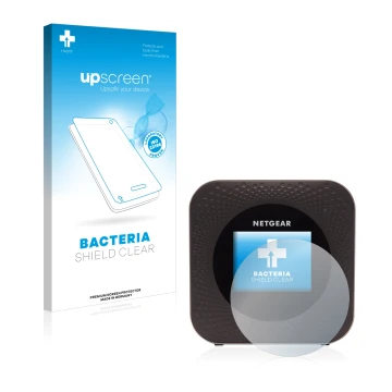 Parte frontal de un envase de producto con el logotipo de la marca upscreen. Al lado se muestra el dispositivo Netgear Nightha