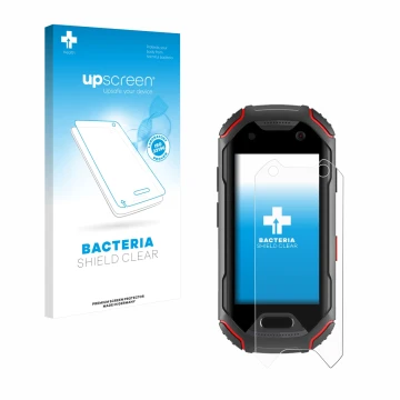 Parte frontal de un envase de producto con el logotipo de la marca upscreen. Al lado se muestra el dispositivo Unihertz Atom c