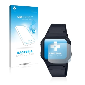 Parte frontal de un envase de producto con el logotipo de la marca upscreen. Al lado se muestra el dispositivo Casio Unisex A1