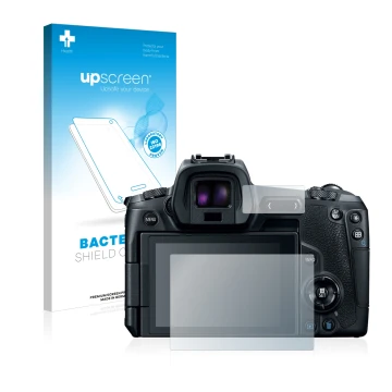 Parte frontal de un envase de producto con el logotipo de la marca upscreen. Al lado se muestra el dispositivo Canon EOS R con