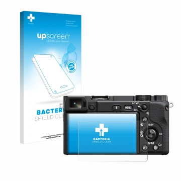 Parte frontal de un envase de producto con el logotipo de la marca upscreen. Al lado se muestra el dispositivo Sony Alpha 6400