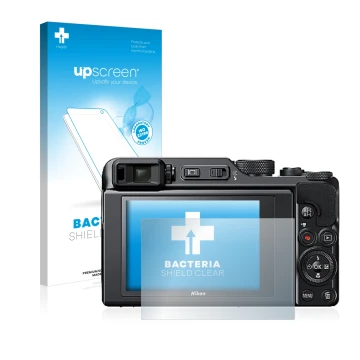 Parte frontal de un envase de producto con el logotipo de la marca upscreen. Al lado se muestra el dispositivo Nikon Coolpix A