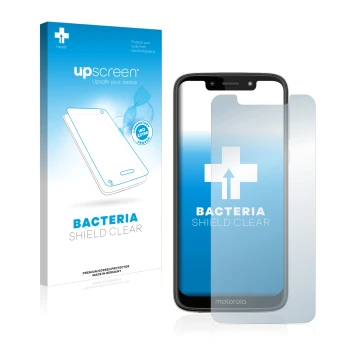 Parte frontal de un envase de producto con el logotipo de la marca upscreen. Al lado se muestra el dispositivo Motorola Moto G