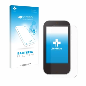 Parte frontal de un envase de producto con el logotipo de la marca upscreen. Al lado se muestra el dispositivo Garmin Approach