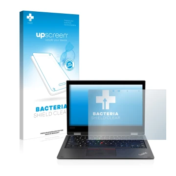 Parte frontal de un envase de producto con el logotipo de la marca upscreen. Al lado se muestra el dispositivo Lenovo ThinkPad