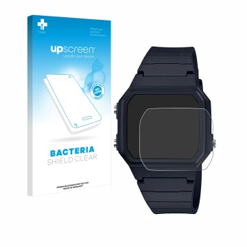 Parte frontal de un envase de producto con el logotipo de la marca upscreen. Al lado se muestra el dispositivo Casio Unisex F-