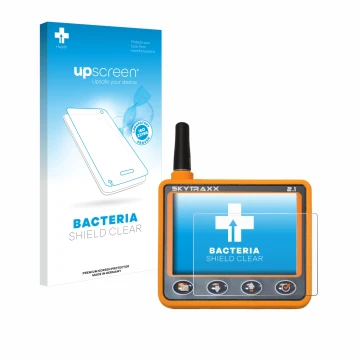 Parte frontal de un envase de producto con el logotipo de la marca upscreen. Al lado se muestra el dispositivo Skytraxx 2.1 Va