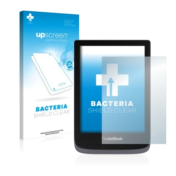 Parte frontal de un envase de producto con el logotipo de la marca upscreen. Al lado se muestra el dispositivo PocketBook Touc