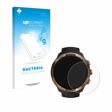 Parte frontal de un envase de producto con el logotipo de la marca upscreen. Al lado se muestra el dispositivo Suunto 9 Baro c