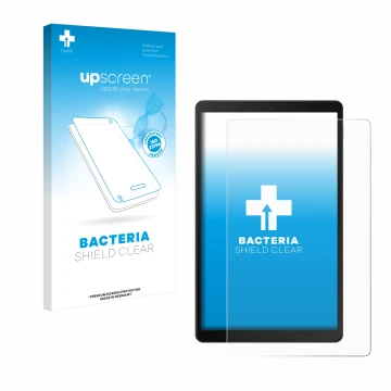 Parte frontal de un envase de producto con el logotipo de la marca upscreen. Al lado se muestra el dispositivo Samsung Galaxy 